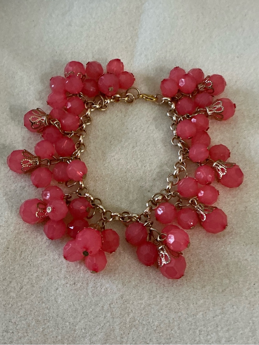 Gold Chain Pink Bead Cluster Bracelet, 8”